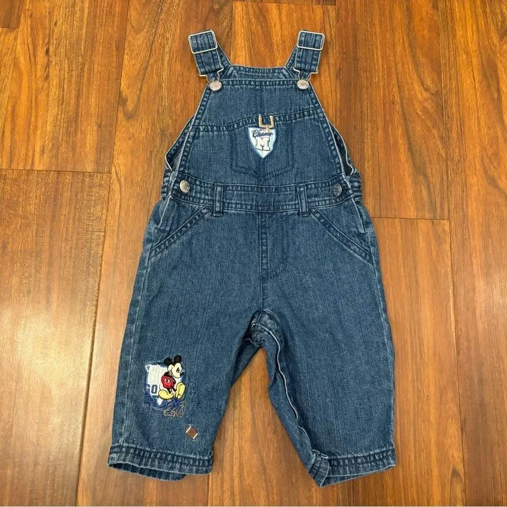 Disney Baby Vintage y2k Mickey Mouse Embroidered Football Denim Overalls